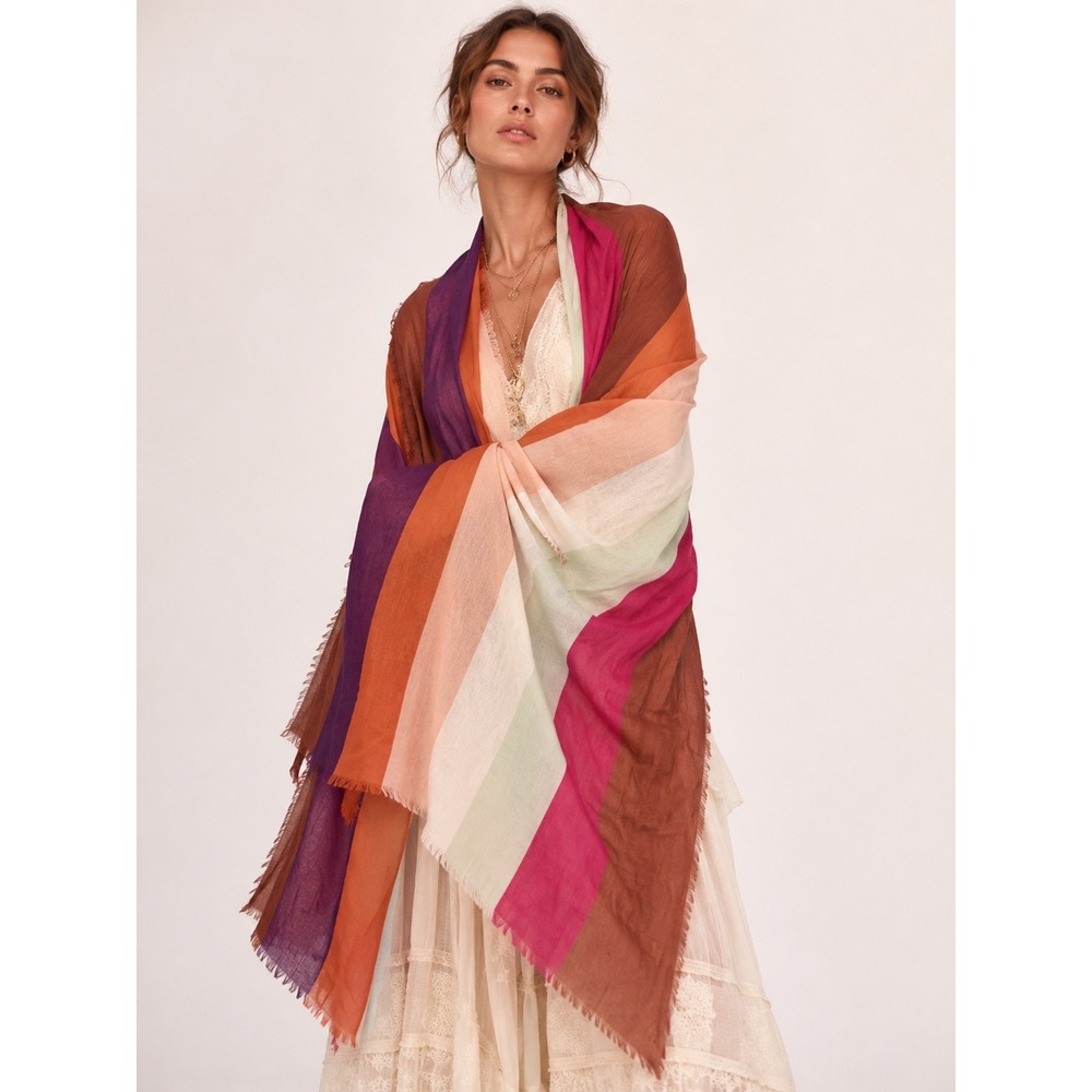 Multicolor Stripe Fringe Blanket Scarf Shawl Wrap Boho Terracotta Magenta OS